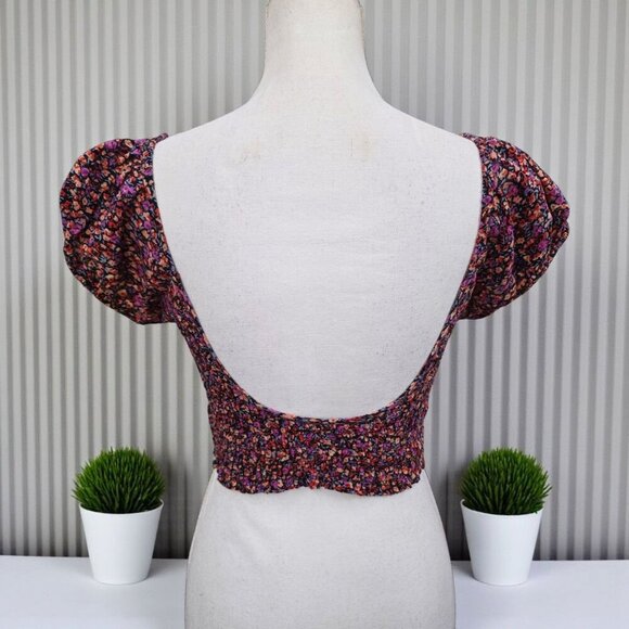 Kimchi Blue ✦ Puff Sleeve Floral Crop Top ✦ Smocked Cotton Cottagecore Blouse M - Picture 4 of 13